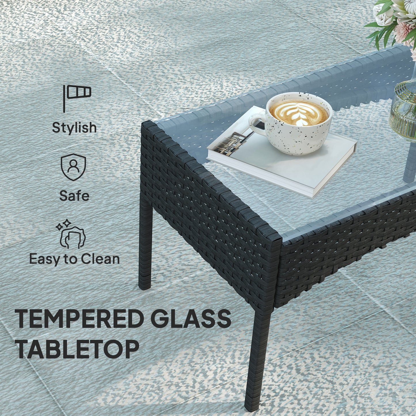 4-Piece PE Rattan Garden Sofa Set | Loveseat | 2 Armchairs | Tempered Glass Coffee Table | Powder-Coated Steel Frame | 2000h UV-Resistant PE Rattan | 5cm Zip Cushions | Protective Foot Pads | 240kg Loveseat Capacity | Black
