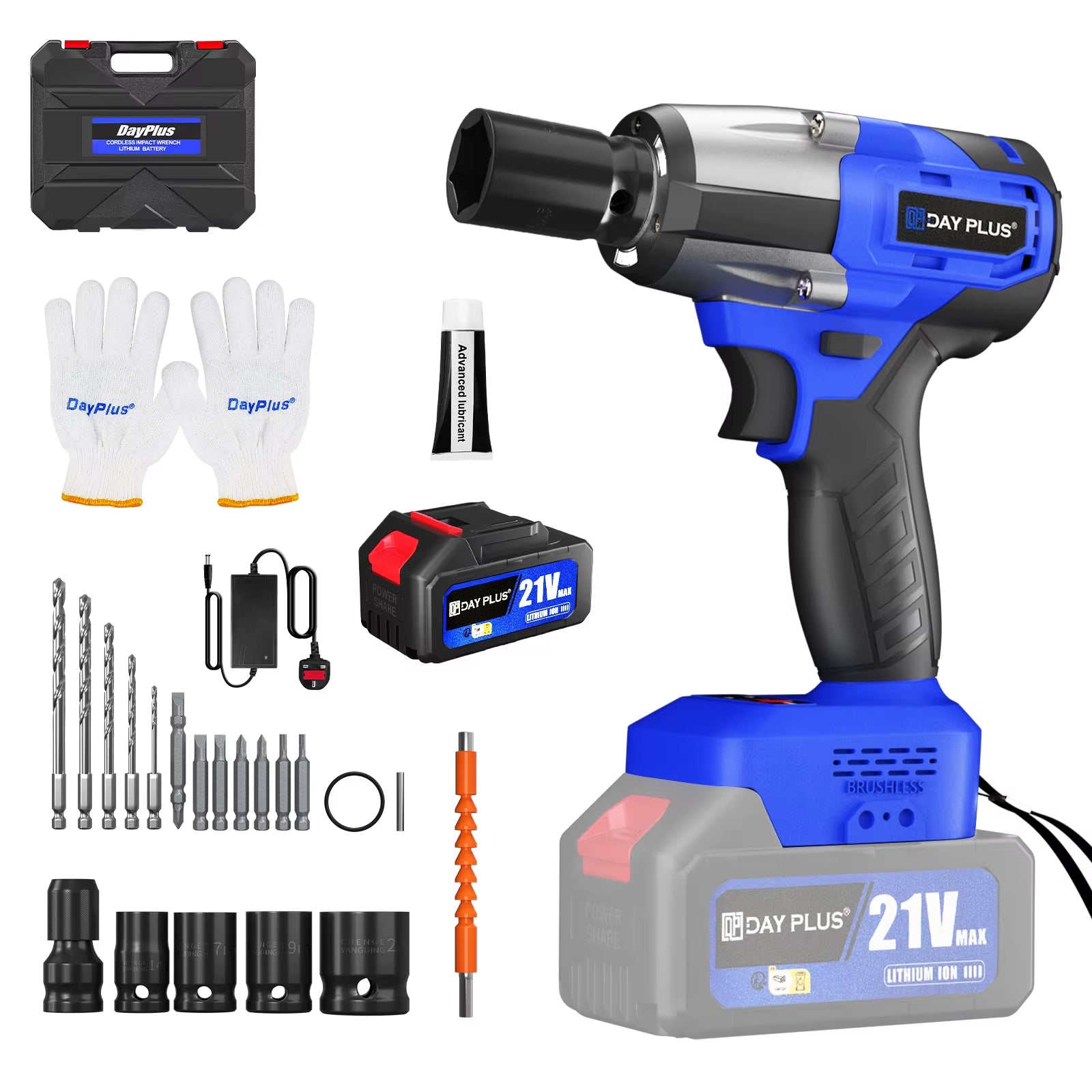 Cordless Impact Wrench 1/2 Inch, Brushless Impact Gun 450N.M High Torque, 3200Rpm Variable Speed with 4 Socket Sets