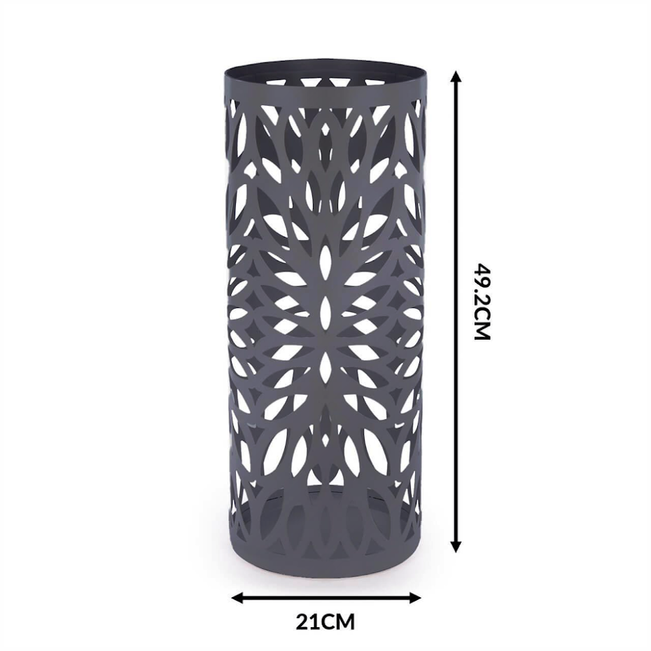 Round Metal Umbrella Stand | Laser Cut Design | Removable Drip Tray | 4 Side Hooks | Powder-Coated Iron | Rust Resistant | 49.2x21cm | 2-Year Warranty | Grey