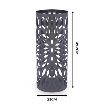 Round Metal Umbrella Stand | Laser Cut Design | Removable Drip Tray | 4 Side Hooks | Powder-Coated Iron | Rust Resistant | 49.2x21cm | 2-Year Warranty | Grey