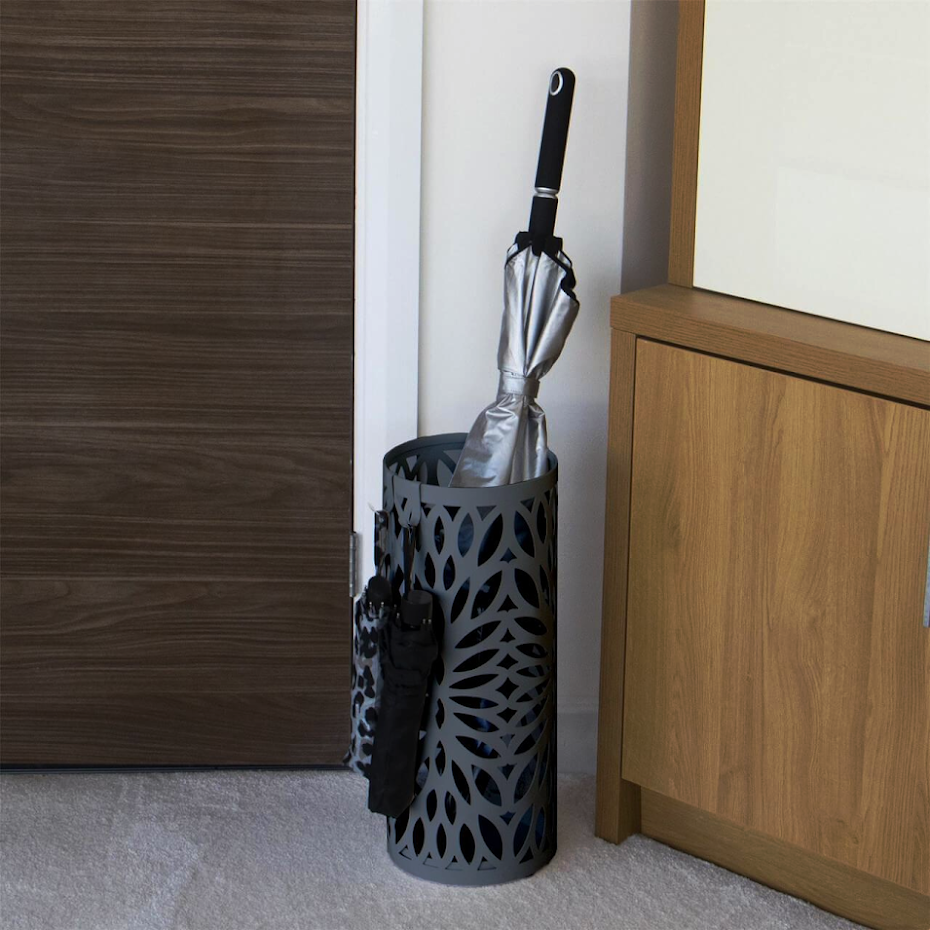 Round Metal Umbrella Stand | Laser Cut Design | Removable Drip Tray | 4 Side Hooks | Powder-Coated Iron | Rust Resistant | 49.2x21cm | 2-Year Warranty | Grey