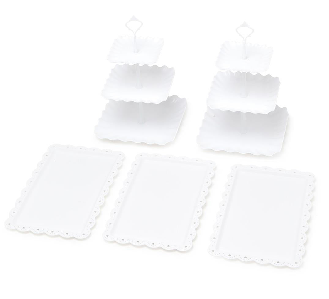 Pukkr Square Cake Stand & Appetiser Tray Set | 2 Three-Tier Cupcake Stands & 3 Serving Trays | Reusable White Plastic Party Display
