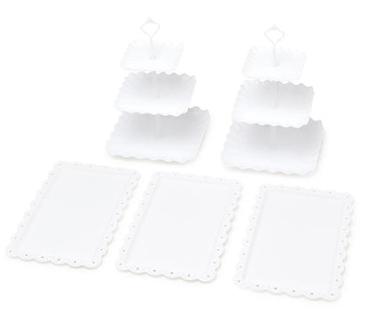 Pukkr Square Cake Stand & Appetiser Tray Set | 2 Three-Tier Cupcake Stands & 3 Serving Trays | Reusable White Plastic Party Display