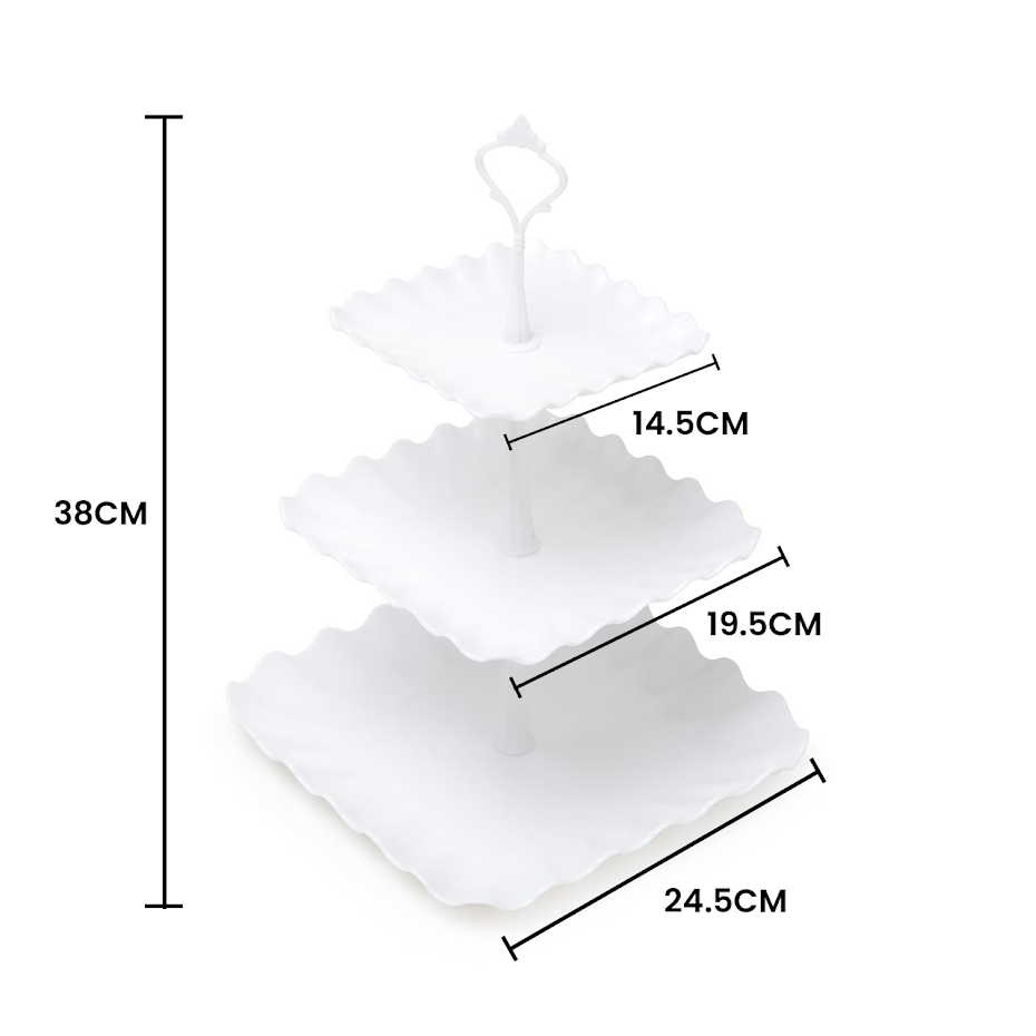 Pukkr Square Cake Stand & Appetiser Tray Set | 2 Three-Tier Cupcake Stands & 3 Serving Trays | Reusable White Plastic Party Display