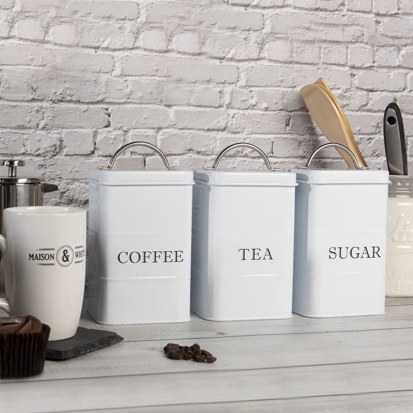 Stainless Steel Tea Coffee Sugar Canisters | Set of 3 | Airtight Lids | Labelled | Vintage Design | 17x10x10cm | 2-Year Warranty | White