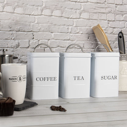 Stainless Steel Tea Coffee Sugar Canisters | Set of 3 | Airtight Lids | Labelled | Vintage Design | 17x10x10cm | 2-Year Warranty | White