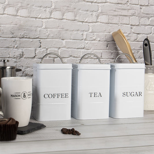 Stainless Steel Tea Coffee Sugar Canisters | Set of 3 | Airtight Lids | Labelled | Vintage Design | 17x10x10cm | 2-Year Warranty | White