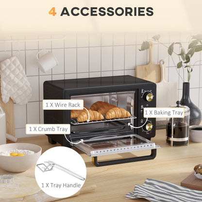 Mini Oven, 16L Countertop Electric Grill, Toaster With Adjustable Temperature, 60 Min Timer, Crumb Tray, Wire Rack, Tray Handle, 1400W, Black
