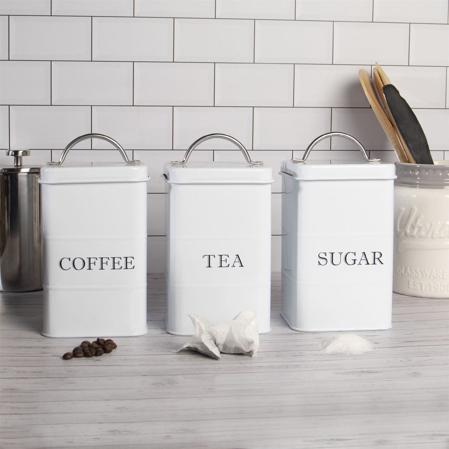 Stainless Steel Tea Coffee Sugar Canisters | Set of 3 | Airtight Lids | Labelled | Vintage Design | 17x10x10cm | 2-Year Warranty | White