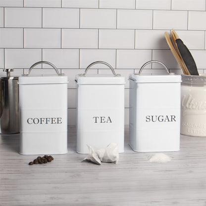Stainless Steel Tea Coffee Sugar Canisters | Set of 3 | Airtight Lids | Labelled | Vintage Design | 17x10x10cm | 2-Year Warranty | White