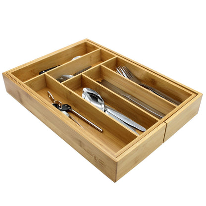 Maison & White Bamboo Extending Cutlery Tray | 6–8 Compartments | Adjustable Drawer Organiser, 29–46cm Wide | Natural Bamboo, 41cm Long