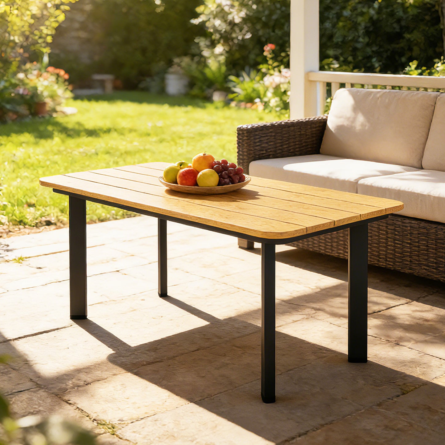 Outdoor Garden Coffee Table | Slatted WPC Top | Powder-Coated Frame | Adjustable Feet | 50kg | 90x49x40cm | Brown