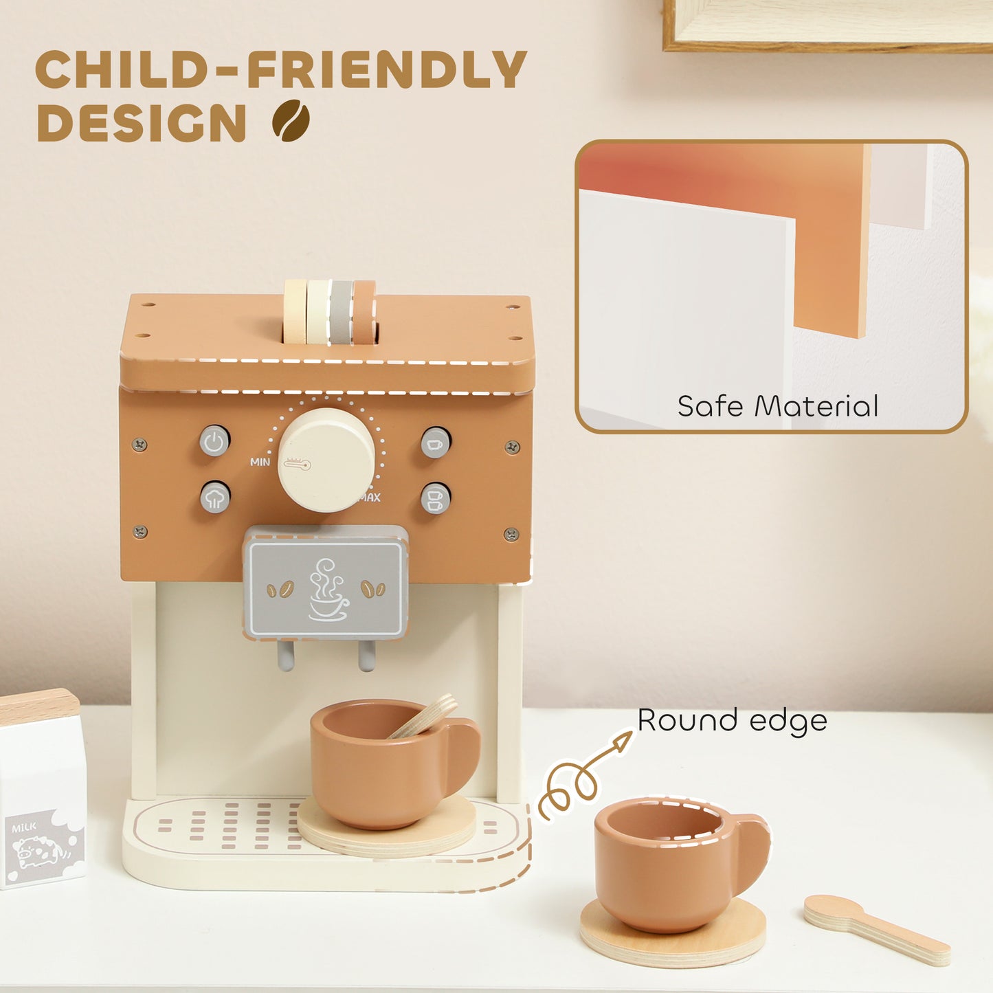 AIYAPLAY Kids Wooden Coffee Machine Toy, Pretend Play Kitchen Accessories Gift for Boys and Girls Ages 3+