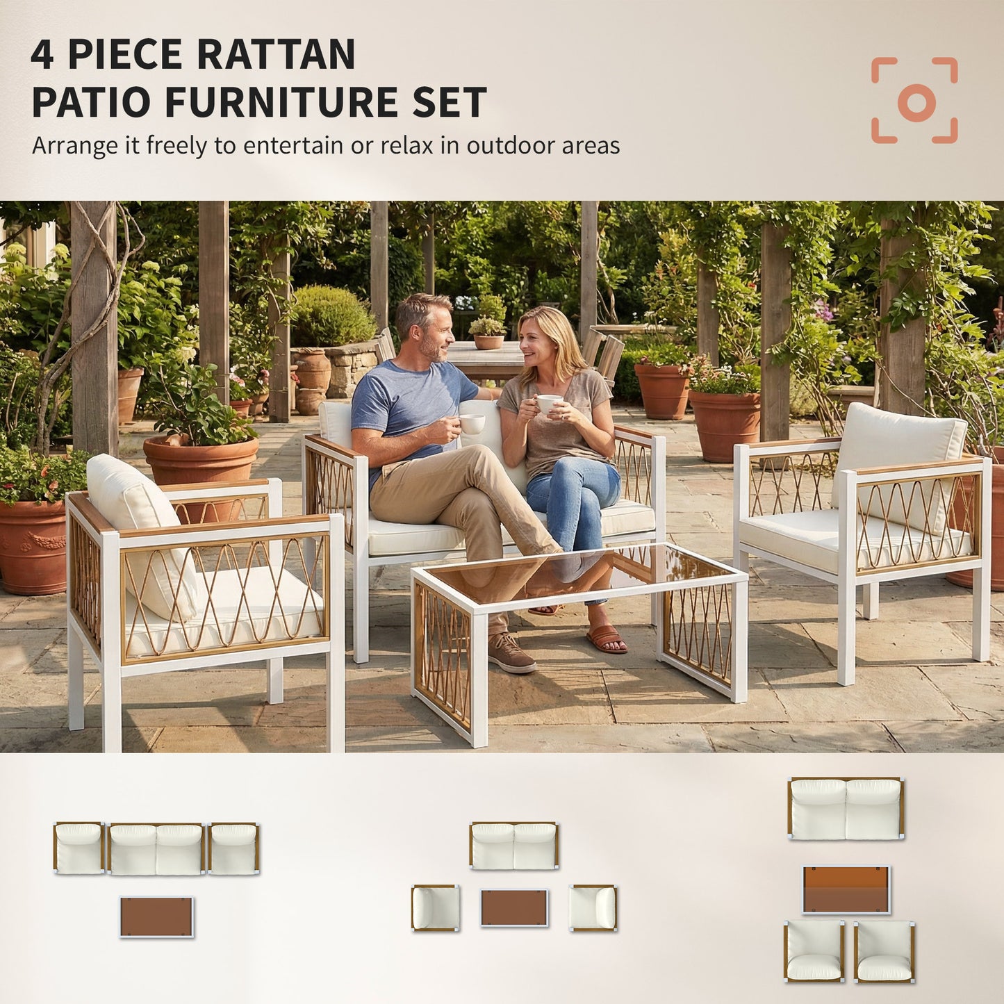 4-Piece PE Rattan Garden Sofa Set | Loveseat | 2 Armchairs | Tempered Glass Coffee Table | Galvanised Metal Frame | Wood-Effect WPC Slats | 8cm Seat & 12cm Back Cushions | Non-Slip Mats | Washable Covers | 120kg Per Seat | Cream White