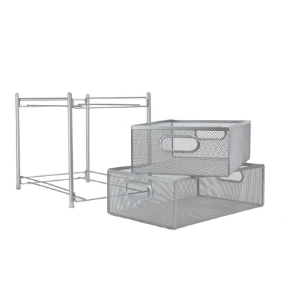Maison & White 2 Tier Stainless Steel Sliding Shelves | 31x33x23.5cm | 2 Mesh Pull-Out Drawers | No Assembly | Kitchen Pantry Bathroom Desk | Freestanding Storage | 2-Year Warranty