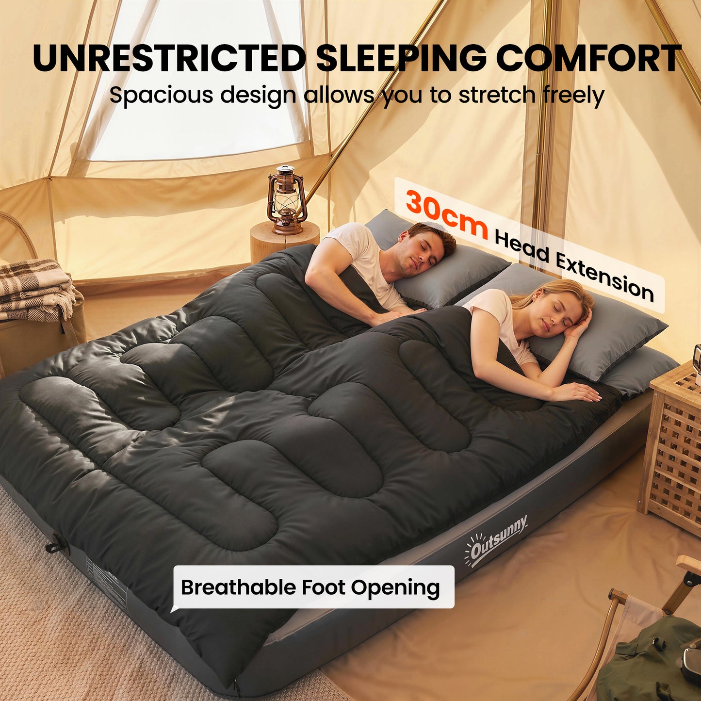 Outsunny Double Sleeping Bag with 2 Pillows, 220 x 160 cm Extra-Large Sleeping Bag for Adults
