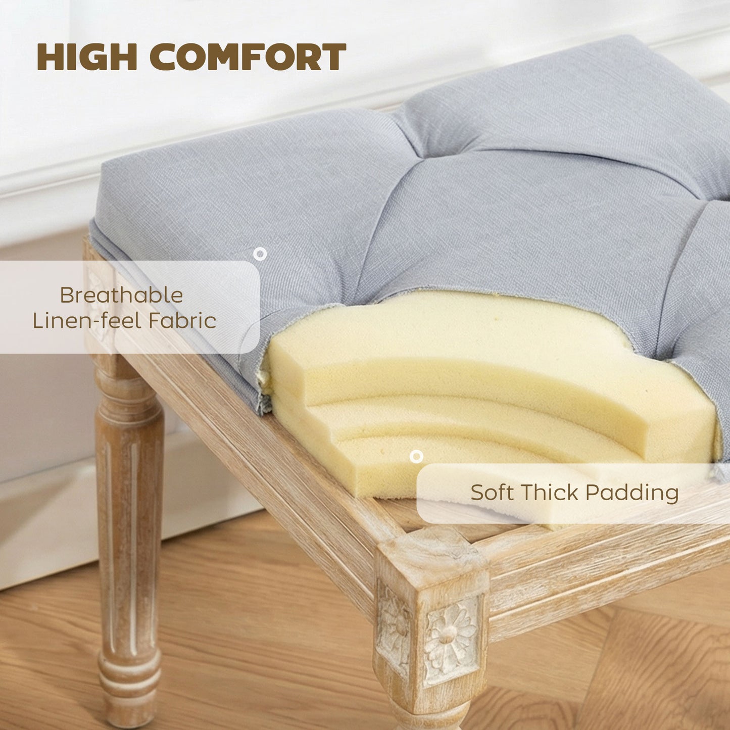 Vintage Retro Style Foot Stool, Tufted Square Footrest with Wood Legs, Light Grey