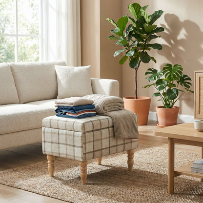 Storage Ottoman Footstool | Flip-Lid Tray Table | 24L Hidden Storage | Plaid Linen-Look Fabric | Rubberwood Legs | 120kg Capacity | 50 x 38 x 39cm | Brown