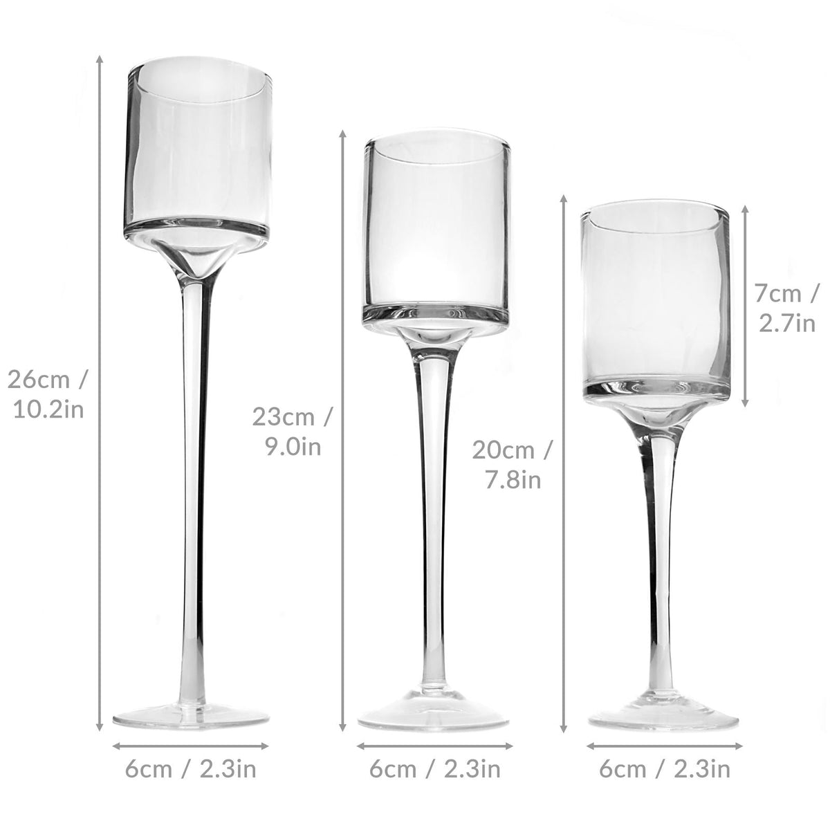 Maison & White Set of 3 Glass Tea Light Candle Holders | Stepped Heights 20cm 23cm 26cm | 6cm Diameter | Fits Tea Lights LED Candles | Dinner Table Wedding Fireplace | 2-Year Warranty