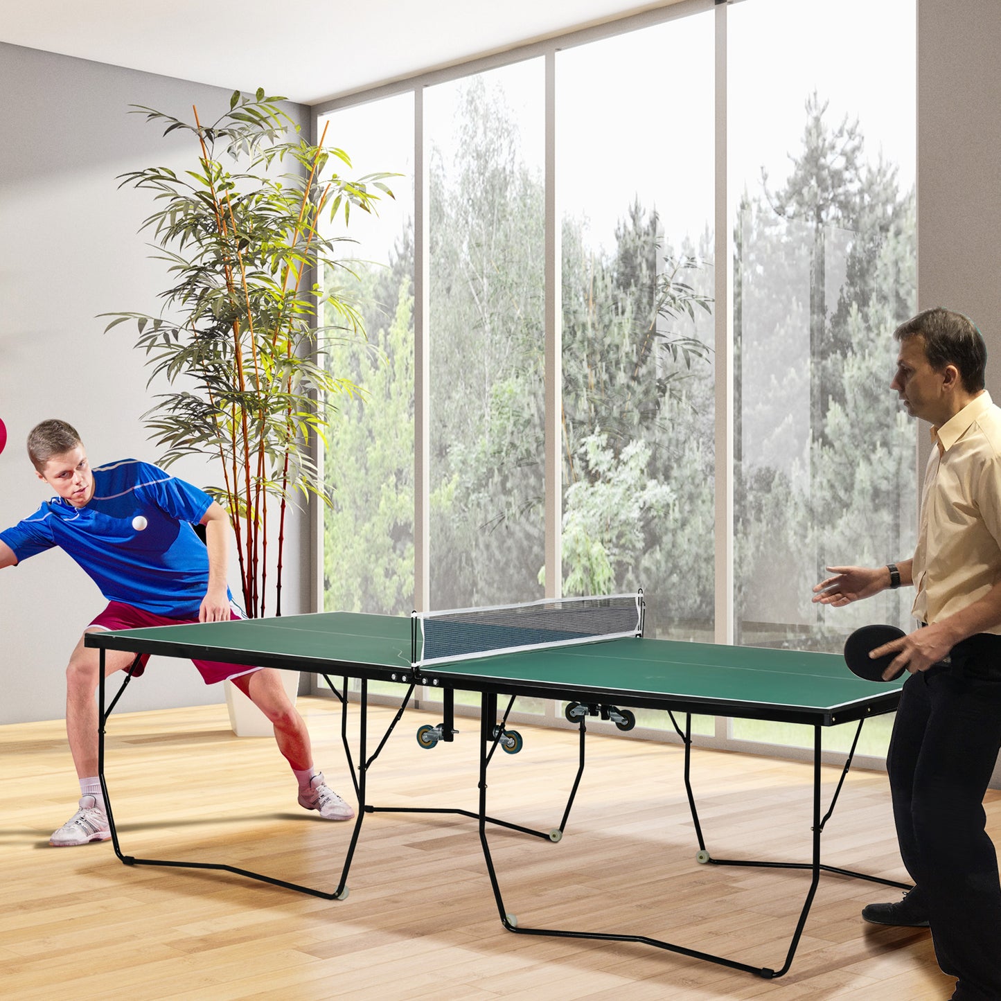 SPORTNOW 9FT Folding Table Tennis Table, with 8 Wheels, For Indoor Use - Green