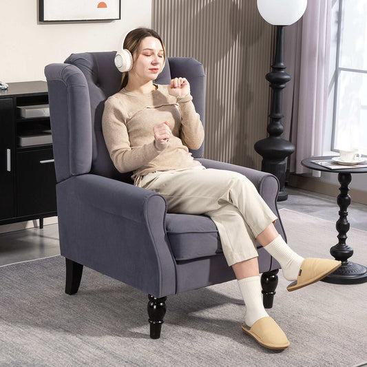 Retro Vintage Style Wingback Accent Chair, Upholstered Button Tufted Occasional Chair for Living Room and Bedroom, Charcoal Grey