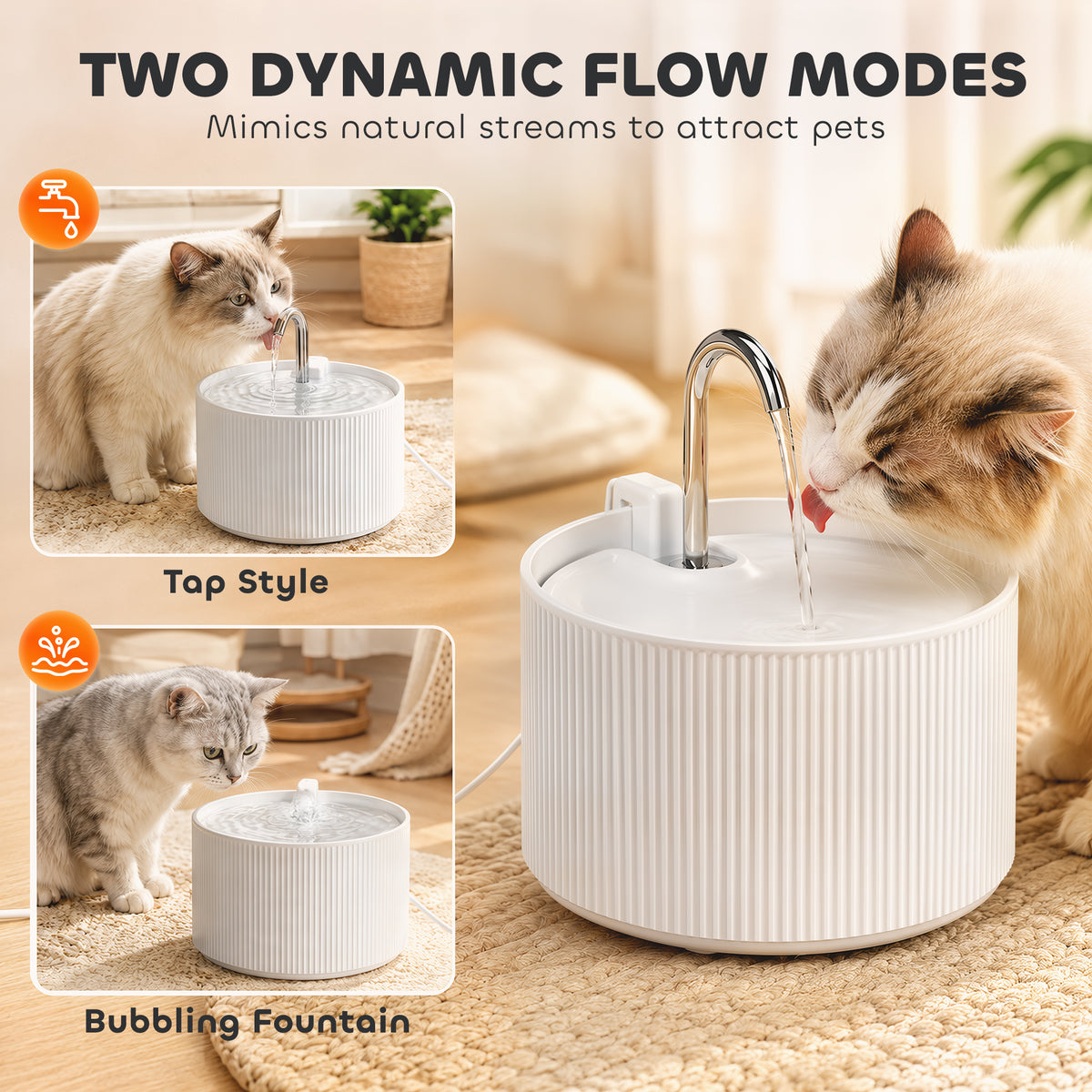 Ceramic Cat Water Fountain 2.2L | BPA-Free Dishwasher-Safe | Tap-Style Flow & Bubbling Mode | 4-Layer Filtration | Under 20dB Ultra-Quiet Pump | White | 20x21x20cm | For Cats & Dogs