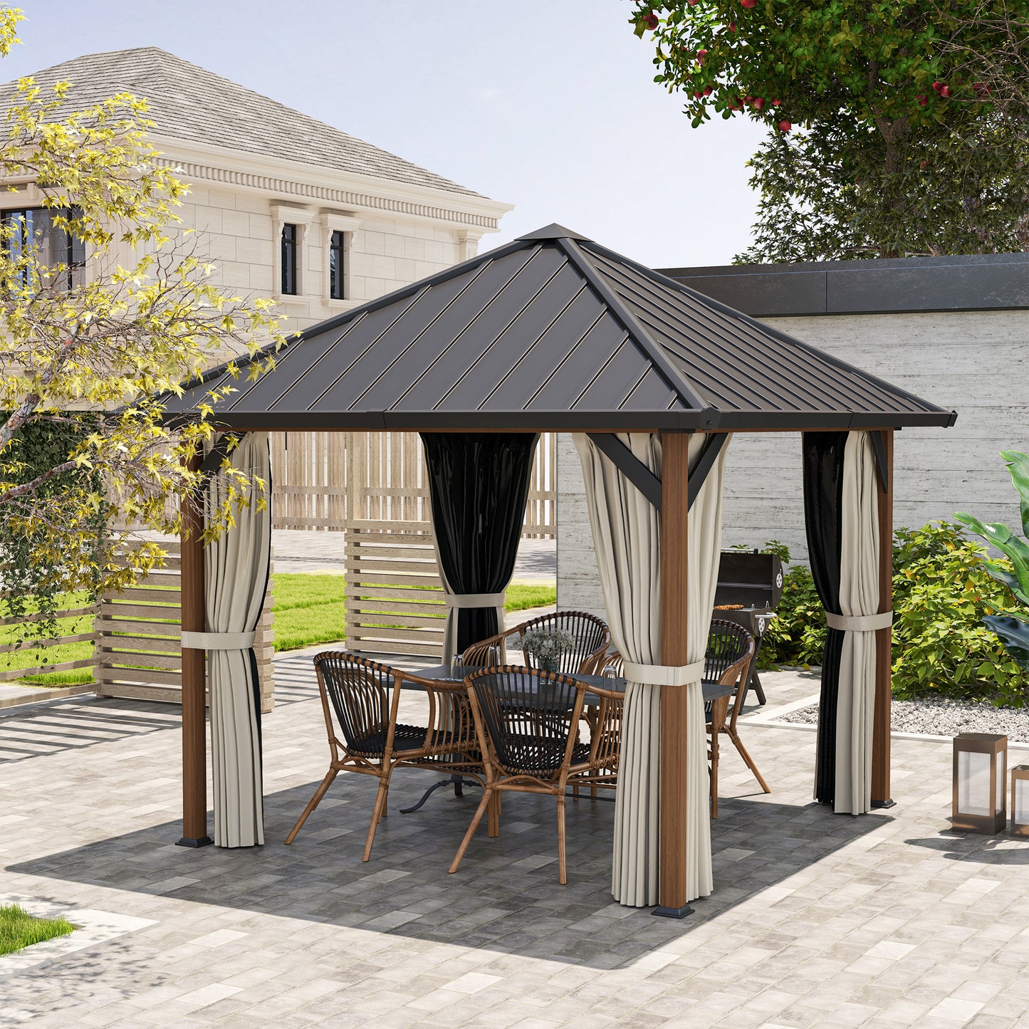 3 x 3(m) Hardtop Garden Gazebo W/ Galvanised Steel Roof & Water Gutter, Waterproof Permanent Pavilion for Patio, Deck, Walnut Wood Finish