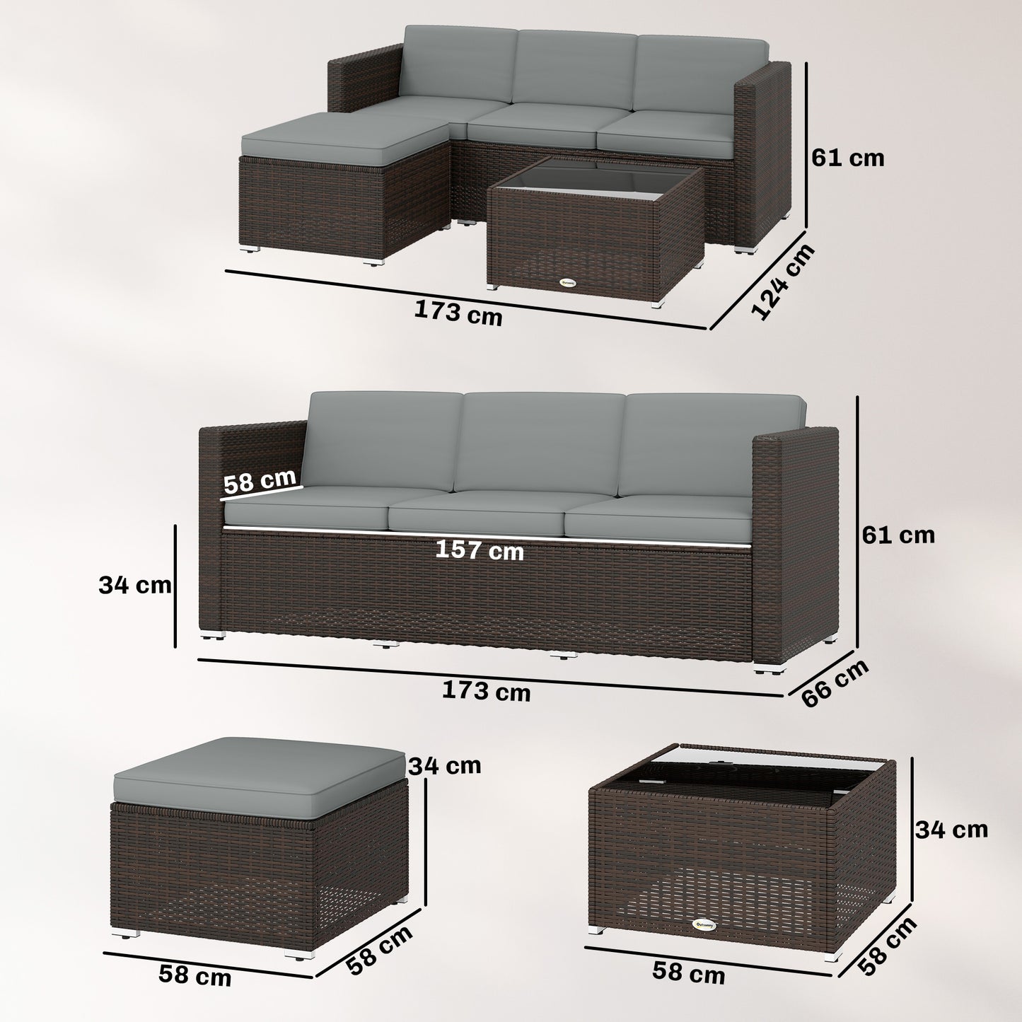3 Piece Rattan Garden Sofa Set | 3 Seater Sofa | Ottoman | Coffee Table | Tempered Glass | Galvanised Steel | Hand-Woven PE Rattan | Zipped Cushions | 360kg | Light Grey