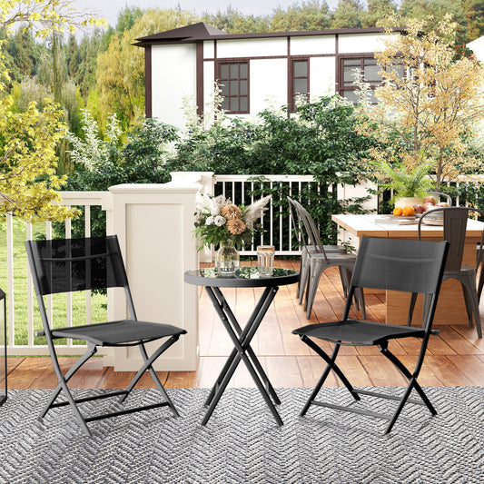3 Piece Folding Outdoor Bistro Set | 2 Mesh Chairs | Tempered Glass Table Dia 50cm | Powder Coated Metal | No Assembly | 120kg | Black