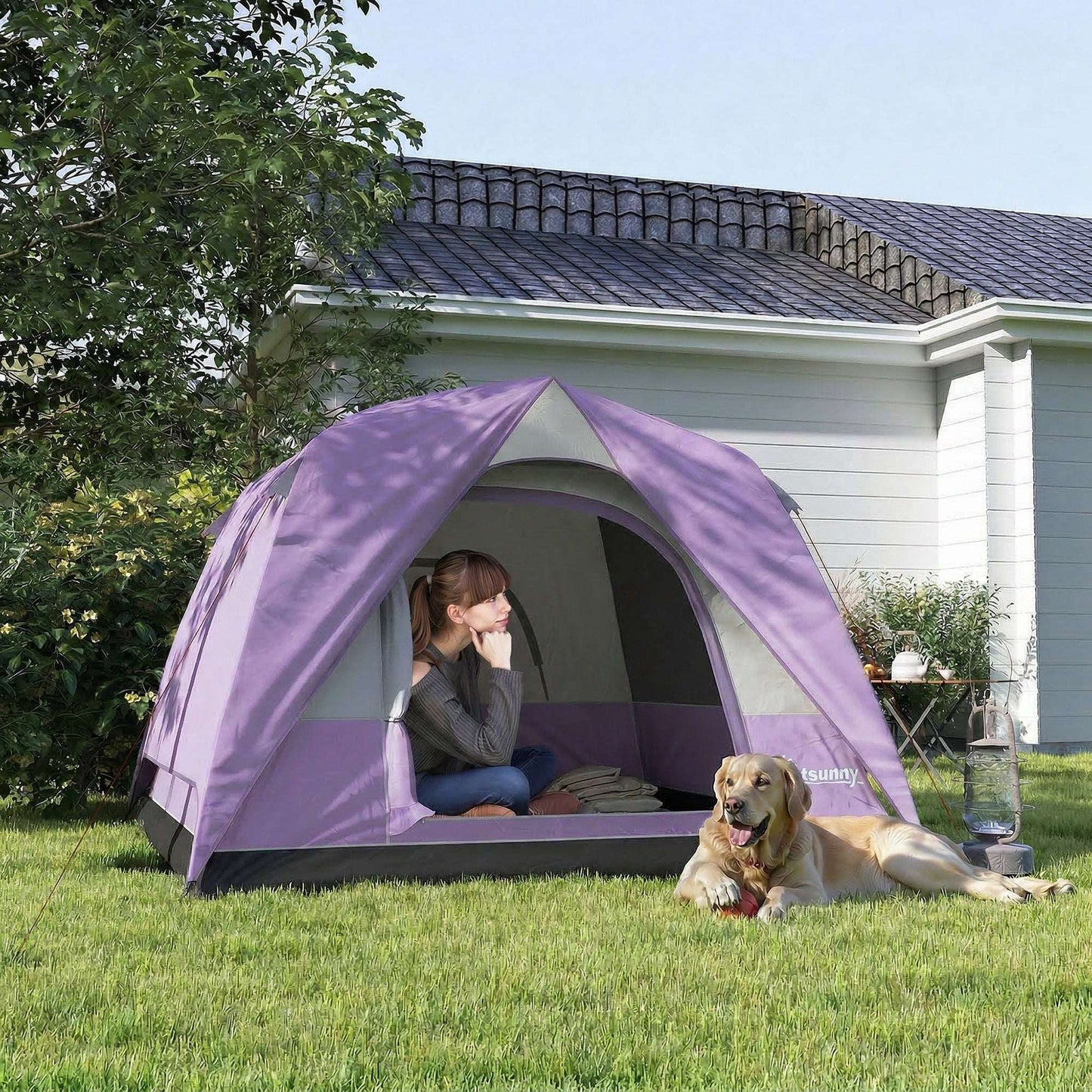 3-4 Person Dome Camping Tent | Sewn-In PE Groundsheet | 3000mm Waterproof | 3-Sided Mesh Windows | Ceiling Hook | Windproof Level 6 | Carrying Bag | 2x2x1.35m | Purple & Grey