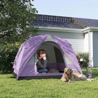 3-4 Person Dome Camping Tent | Sewn-In PE Groundsheet | 3000mm Waterproof | 3-Sided Mesh Windows | Ceiling Hook | Windproof Level 6 | Carrying Bag | 2x2x1.35m | Purple & Grey