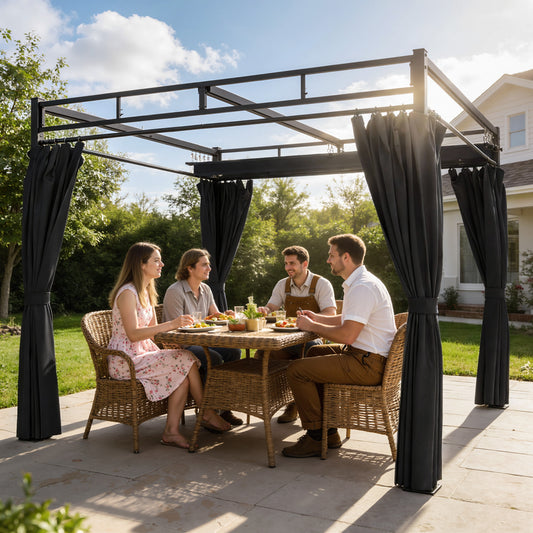 3 x 3 m Pergola with Retractable Roof Canopy and Curtains, UPF30+ Metal Frame Garden Pergola Gazebo Sun Shade, Dark Grey