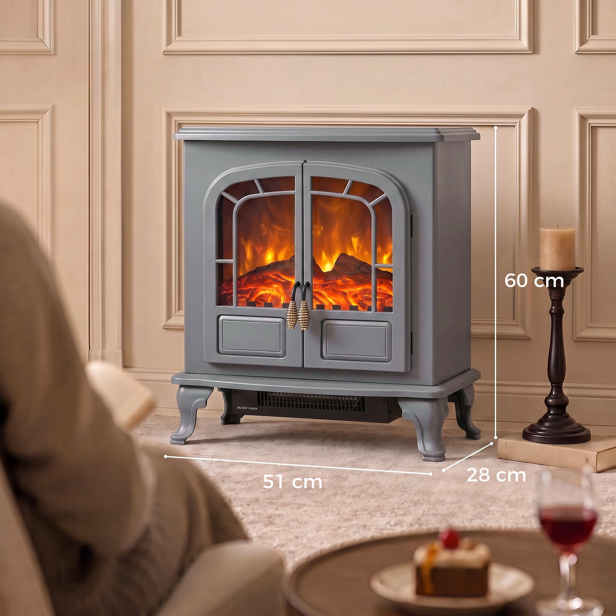 Electric Fireplace Stove | Grey Freestanding 2000W Heater with LED Flame Effect, Energy Rating C