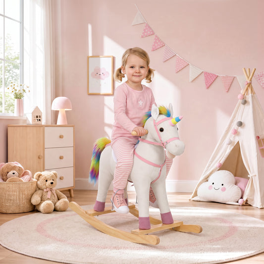 Kids Rocking Horse Unicorn with Sound Button | Wide Anti-Tip Base & Rocking Stoppers | Head Handles | Fixed Wood Footrests | Faux Linen & PP Cotton | 25kg Max | 71x30x68cm | Ages 12–36 Months | Cream