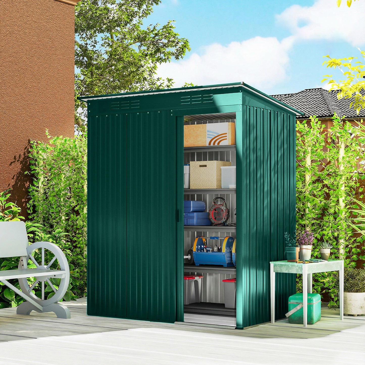 Galvanised Steel Garden Storage Shed | Aluminium Slot-Base Easy Assembly | 50% Fewer Screws | Sliding Door | Integrated Vents | 50kg/m² Snow Load | 159x106x181cm | 1.37m² | Green