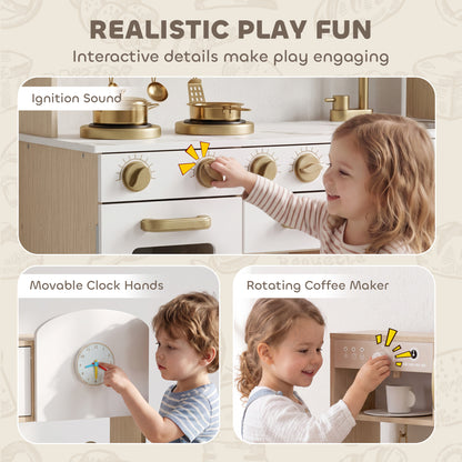 Kids Play Kitchen Playset | Rotating Coffee Maker | Stove with Ignition Sounds | Rotating Tap | Clock with Movable Hands | Shelves Cabinet & Drawer | 6-Piece Steel Set | E1 MDF | 74x29x81cm | Ages 3-6 | White