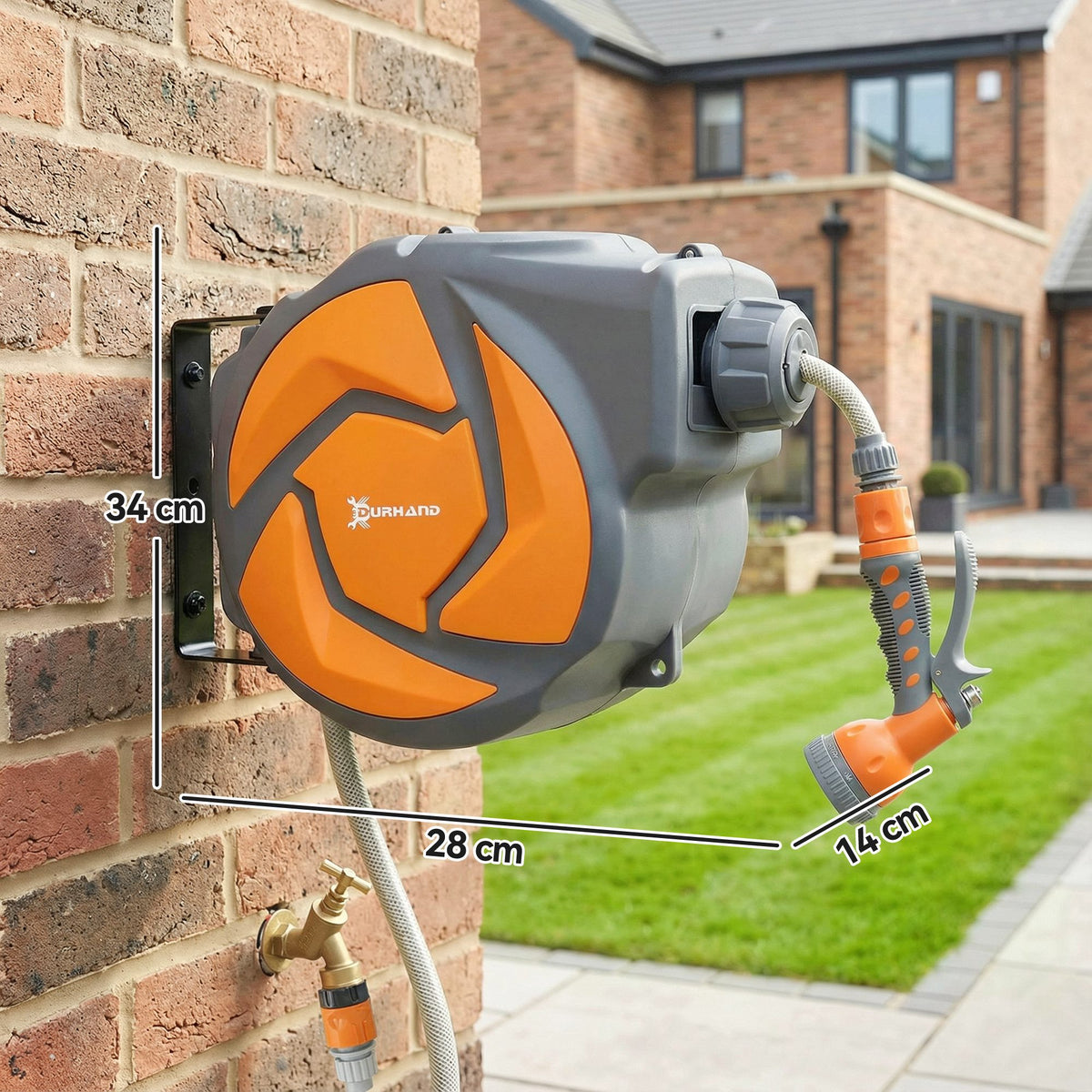 10m Wall Mounted Auto Rewind Garden Hose Reel | 7 Pattern Spray Nozzle | 180° Swivel Bracket | 10 Bar | Orange
