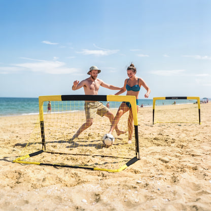Set of 2 Pop-Up Football Goals | Instant Open & Fold Flat | Fibreglass Poles & Metal Tubes | Polyester Net | Oxford Edging | 8 U-Shaped Stakes | Carry Bag | 150x110x110cm | Age 5+ | Yellow & Black