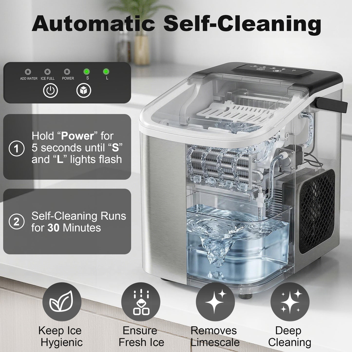 Countertop Ice Maker Machine – 9 Cubes in 7 Mins, 12kg/24hr, 2 Bullet Sizes, Self-Cleaning, Portable, Stainless Steel, For Home, Kitchen & Office