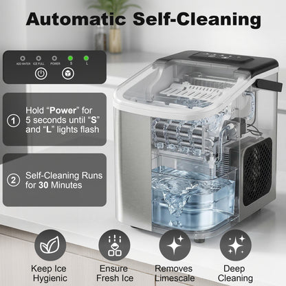 Countertop Ice Maker Machine – 9 Cubes in 7 Mins, 12kg/24hr, 2 Bullet Sizes, Self-Cleaning, Portable, Stainless Steel, For Home, Kitchen & Office