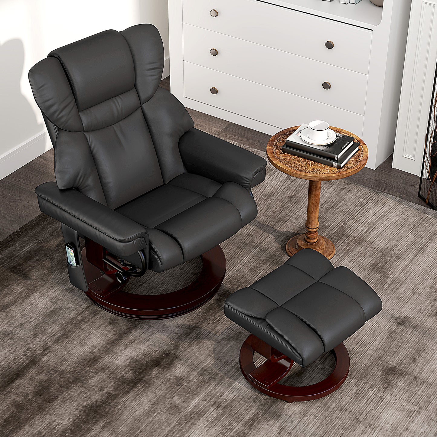 Massage Recliner Chair with Footstool, Upholstered Reclining Armchair with Adjustable Backrest, Steel Frame and Wood Base, Swivel Chair