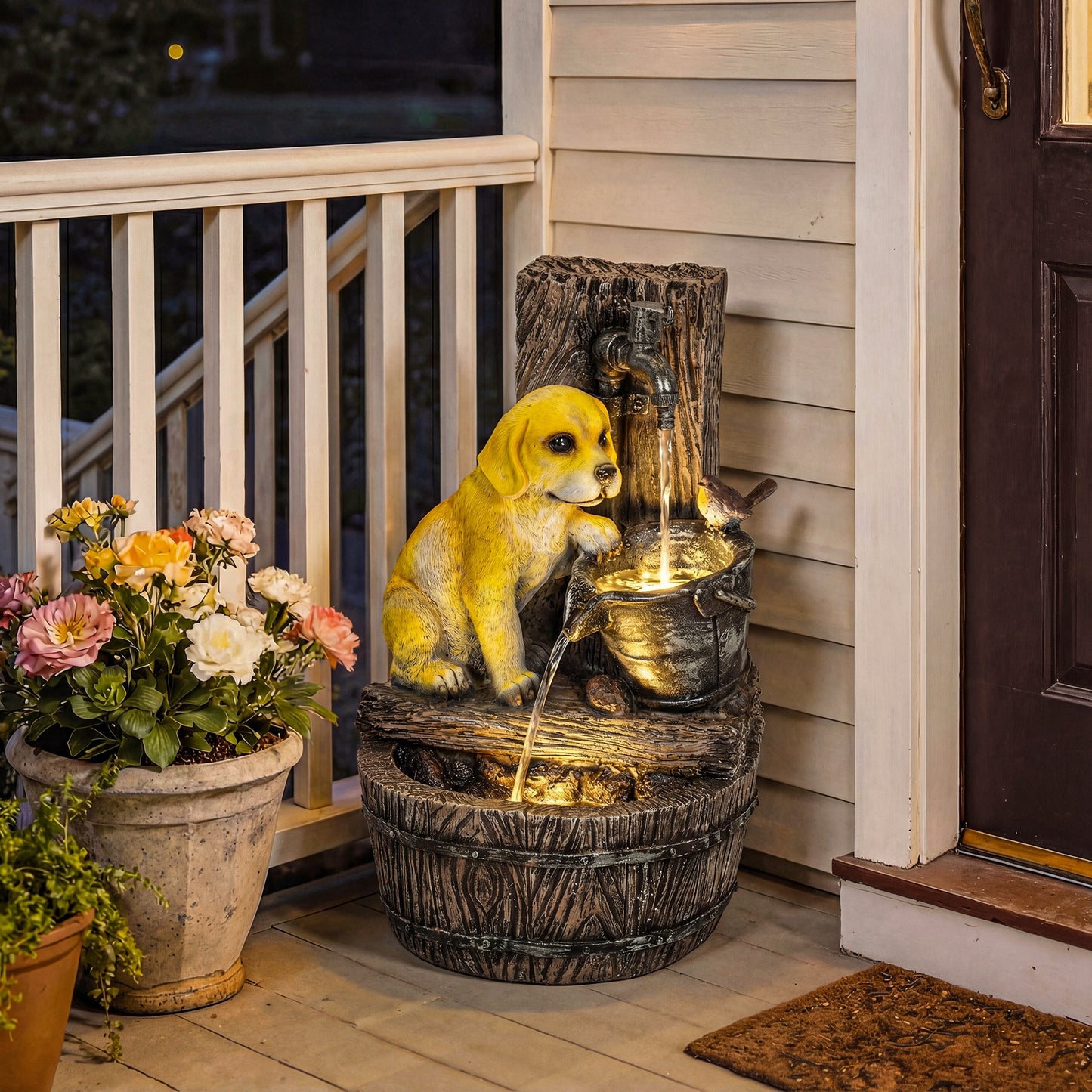 3-Tier Resin Garden Fountain | Hand-Painted Puppy & Bird Design | Warm LED Lights | 3-Speed Adjustable Pump | 5W | 230V | 3m Cable | 35x36x56cm | Garden & Patio | Rustic Brown & Yellow
