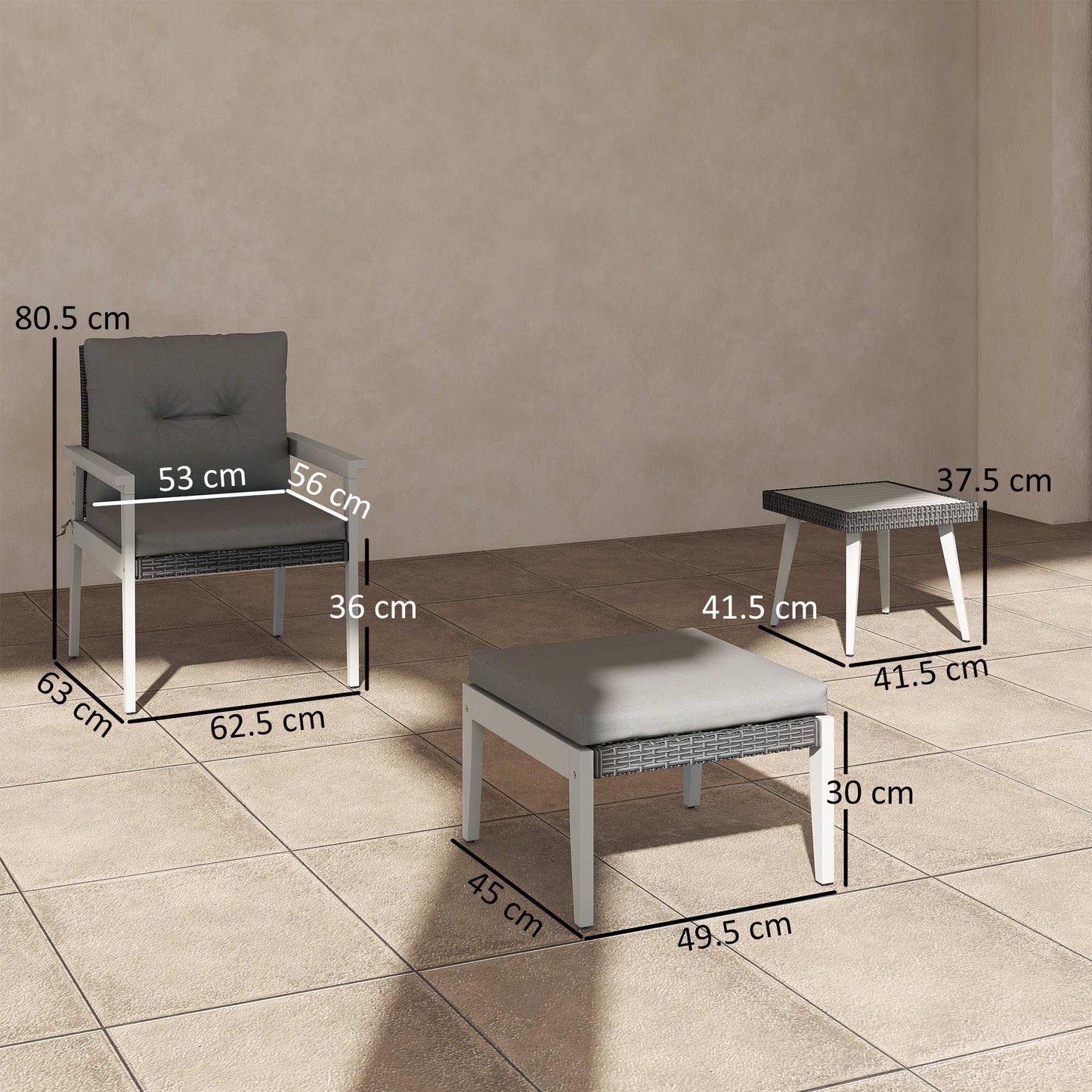 5 Pieces Rattan Garden Furniture Patio Set with Cushions, Acacia Wood Top Coffee Table and Footstools, Outdoor Table and Chairs for Balcony