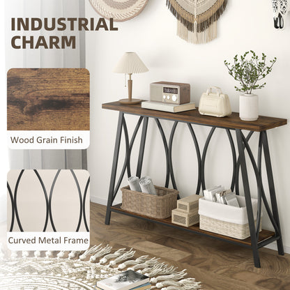 Narrow Console Table, Industrial 2-Tier Sofa Table with Metal Frame for Entryway, Living Room, 120x30x80cm, Rustic Brown