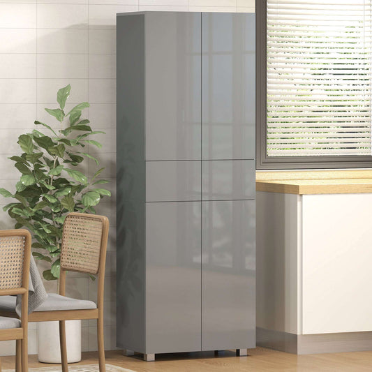 Storage Cabinet, Kitchen Cupboard with 3 Adjustable Shelves, 60L x 35W x 170H cm, High Gloss Grey