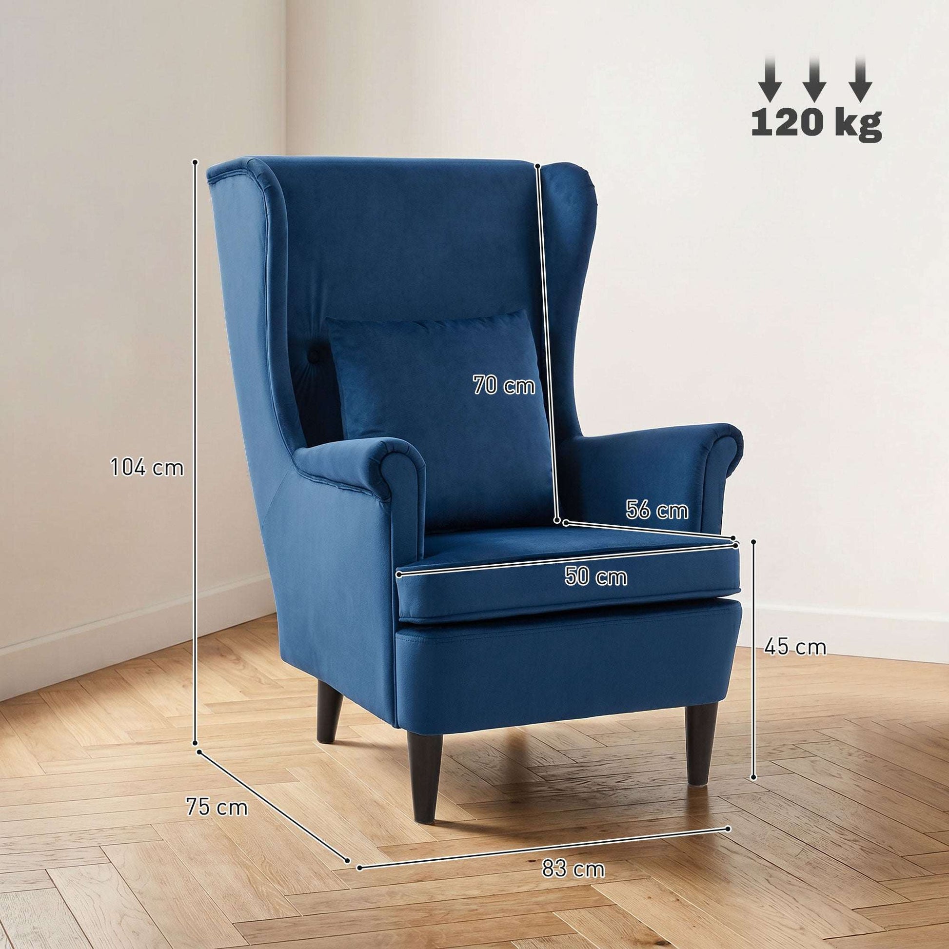 Velvet Wingback Accent Chair | 70cm High Back | Removable Washable Pillow Cover | Thick Sponge Seat | Solid Wood Legs | Non-Slip Pads | 120kg Capacity | 75x83x104cm | Blue