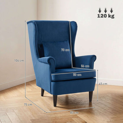 Velvet Wingback Accent Chair | 70cm High Back | Removable Washable Pillow Cover | Thick Sponge Seat | Solid Wood Legs | Non-Slip Pads | 120kg Capacity | 75x83x104cm | Blue