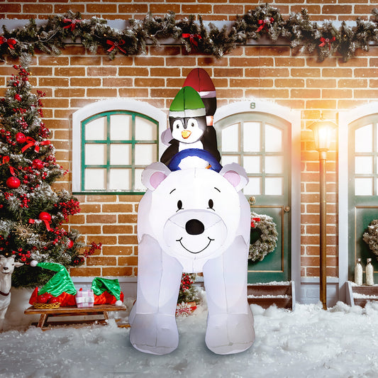 Outsunny 6.4FT Inflatable Two Penguins Riding on Polar Bear, Christmas Blow Up Outdoor LED Display for Garden Party