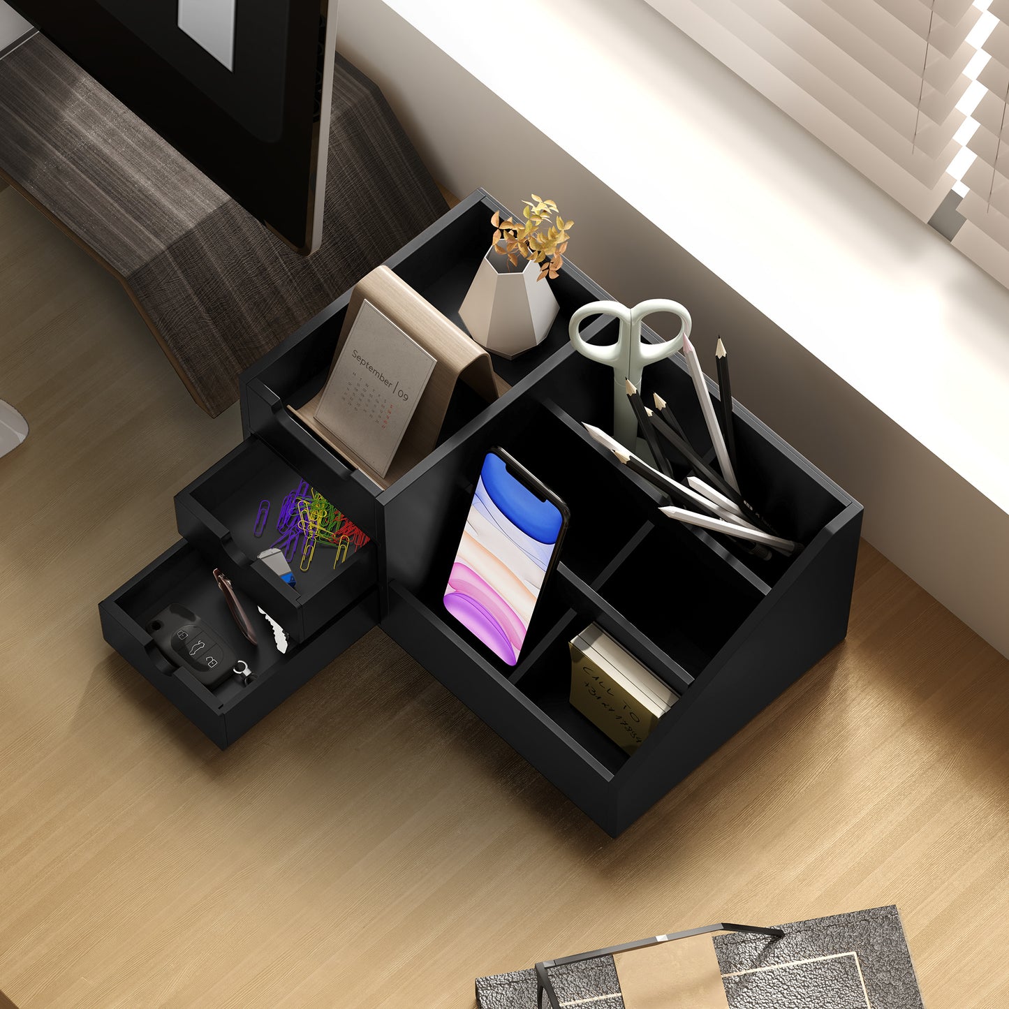 Desk Organiser Holder, Bamboo Multi-Function Storage Caddy with 7 Storage Compartments and 2 Drawers for Home Office Stationary Supplies
