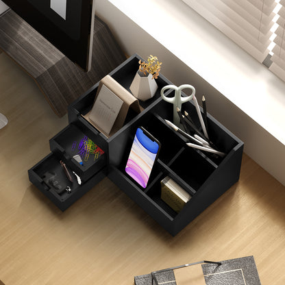 Desk Organiser Holder, Bamboo Multi-Function Storage Caddy with 7 Storage Compartments and 2 Drawers for Home Office Stationary Supplies
